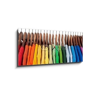 Obraz s hodinami 1D panorama - 120 x 50 cm - Rainbow colors, clothes on wooden hangers Duhové barvy, oblečení na dřevěných věšácích – Zboží Mobilmania