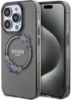 Guess PC/TPU Flowers Ring Glossy Logo MagSafe iPhone 15 Pro černé