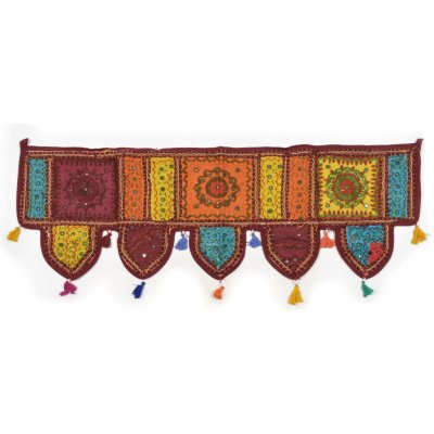 Sanu Babu Vínový závěs nad dveře s výšivkou, třásněmi a zrcátky 106x38cm – Zboží Mobilmania