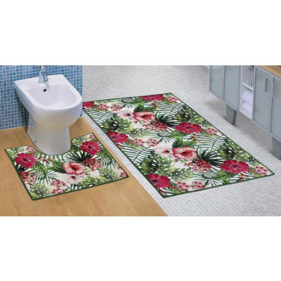 Bellatex koupelnová souprava 3D Fototisk IBIŠEK zelené listy monstera a červené květy 100x60cm + 60x50cm na WC – Zboží Mobilmania