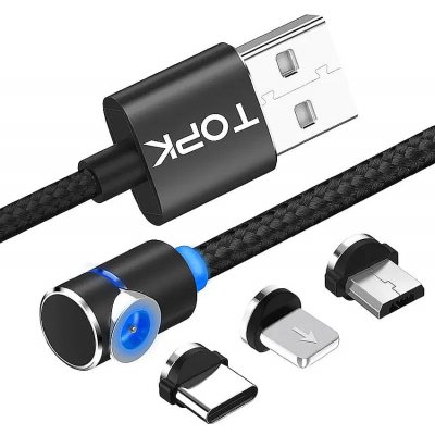 TOPK MG90BK1 magnetický USB 3v1, 90° USBC, micro USB, lightning, 2,4A, 1m, černý