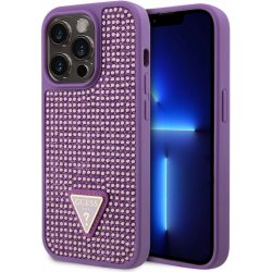 Pouzdro Guess Rhinestones Triangle Metal Logo iPhone 15 Pro fialové