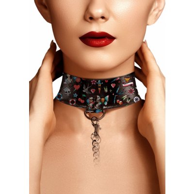 Ouch! Printed Collar With Leash Old School Tattoo Style obojek s vodítkem Shots