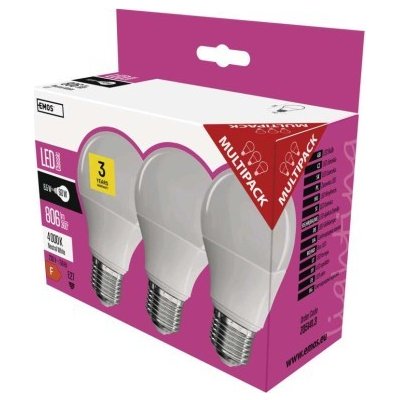 EMOS LED žárovka Classic A60 / E27 / 8,5 W (60 W) / 806 lm / neutrální bílá 3 ks, krabička