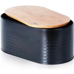 Ocelový chlebník s bambusovým prkénkem, černý 34 × 18,5 × 15,5 cm – Zboží Dáma