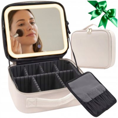KOSMETICKÝ KUFŘÍK S LED ZRCÁTKEM CESTOVNÍ KOŽENÝ NA MAKE UP BÉŽOVÝ – Hledejceny.cz