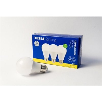 Tesla LED žárovka BULB E27, 8W, 230V, 806lm, 25 000h, 3000K teplá bílá, 220st v 3ks – Zboží Živě