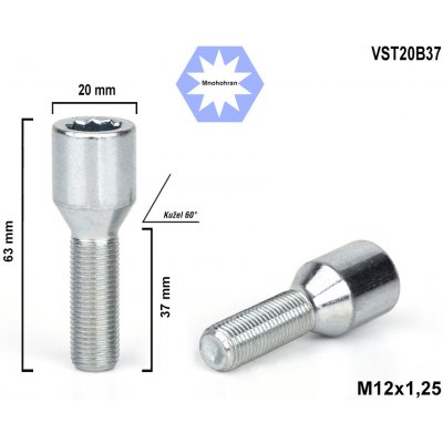 Kolový šroub M12x1,25x37 kužel s vnitřním mnohohranem, VST20B37, průměr hlavy 20mm, výška 63 mm – Zbozi.Blesk.cz