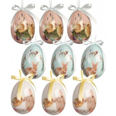 Clayre & Eef 9ks dekorace barevné závěsné vajíčko s králíčky a kuřátky Spring Egg - Ø 5*8 cm – Hledejceny.cz