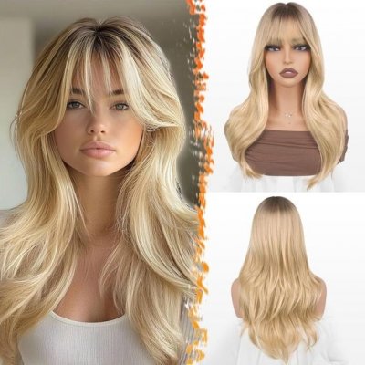 Barsdar Ombré blond paruka s ofinou, 50 cm vrstvená paruka s tmavými odrosty – Zbozi.Blesk.cz