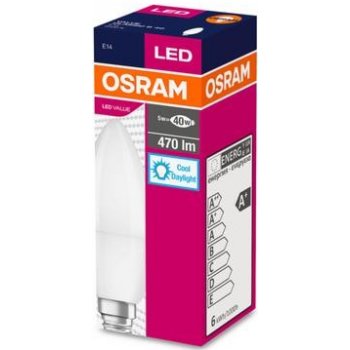 Osram VALUE CLB40, E14, 470lm, 5.5W, 865 studená bílá, matná svíčka