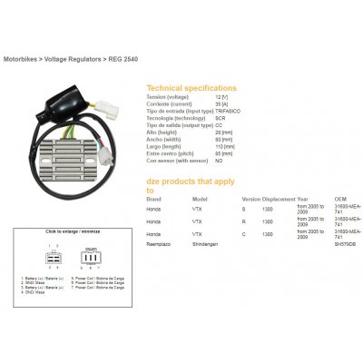 DZE regulátor napětí HONDA CB 900F HORNET 04-07; VTX 1300S/R/C 05-09 (31600-MEA-741)(35A)(ESR437) | Zboží Auto