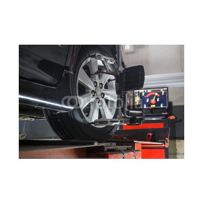 WEBLUX 74461674 Fototapeta plátno Car on stand with sensors on wheels for wheels alignment camber Automobil na stojanu se senzory na kolečkách pro vychycení koleček rozměry 174 x 120 cm – Zboží Mobilmania