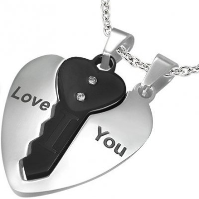 Šperky eshop Ocelové přívěsky pro pár srdce stříbrné barvy a černý klíček U22.17 – Zboží Mobilmania