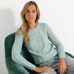 Pulovr s kulatým výstřihem a copánkovým vzorem šedozelená – Sleviste.cz