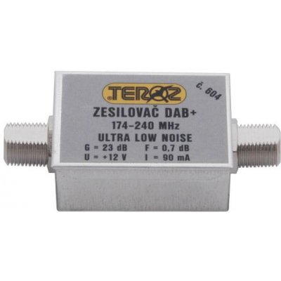 Teroz Anténní zesilovač 604X, nízkošumový, DAB, G23dB, F0,7dB, U>120dBμV, F-F – Zbozi.Blesk.cz