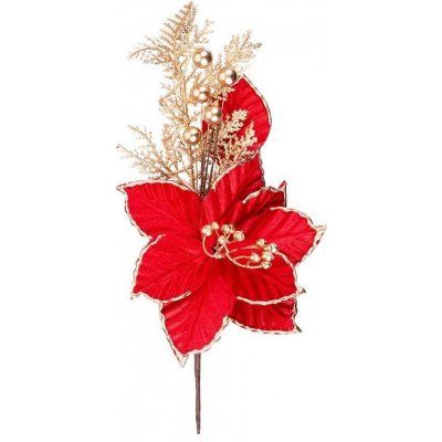 MagicHome Kvet , Poinssetia, červený so zlatým lemovaním, stonka, 31 cm – Zboží Mobilmania