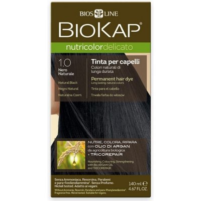 Biokap NutriColor permanentní barva na vlasy s arganovým olejem 1.0 Black Tricorepair Complex 140 ml – Zbozi.Blesk.cz