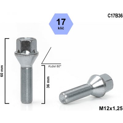 Kolový šroub M12x1,25x36 kužel, klíč 17, C17B36, výška 60mm – Zbozi.Blesk.cz