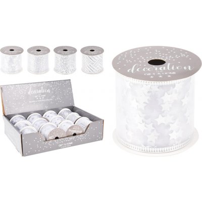 Dekorační stuha, organza 63x2700 mm - bílá / stříbrná (4 motivy) – Sleviste.cz