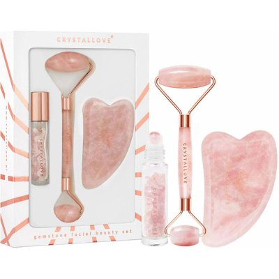 Crystallove Rose Quartz Beauty Set Sada na obličej: masážní roller + kámen Gua Sha + lahvička na olej – Zbozi.Blesk.cz