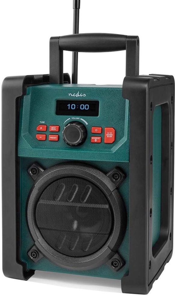 NEDIS digitální pracovní rádio/ stolní/ výkon 15W/ DAB+/ FM/ Bluetooth/ IP65/ napájení z baterie/síťové/ černo-zelené