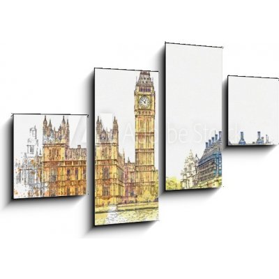 Obraz 4D čtyřdílný - 100 x 60 cm - Watercolor sketch or illustration of a beautiful view of the Big Ben and the Houses of Parliament in London in the UK Akvarel skica ne – Zboží Mobilmania