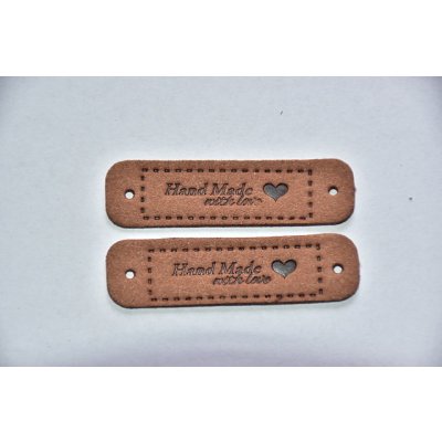 Koženkový štítek Hand made with love 5,5 x 1,5cm tmavě hnědy – Zboží Dáma