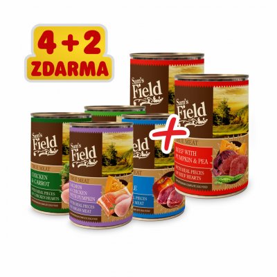 Sam's Field True Meat Mix hovězí s dýní a hrachem kuřecí s mrkví jehněčí s jablky losos s dýní kuřecí a telecí s mrkví 6 x 400 g – Zbozi.Blesk.cz