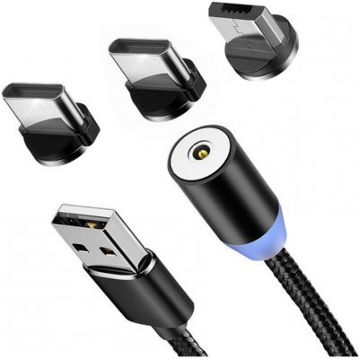 Magnetický nabíjecí kabel 3v1 mikro-USB, Lightning, USB-C 2,4A - Černá