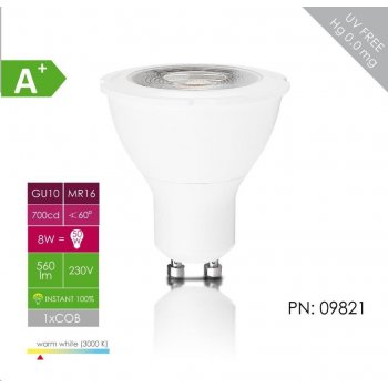 Whitenergy Led žárovka COB MR16 GU10 8W 560lm teplá bílá