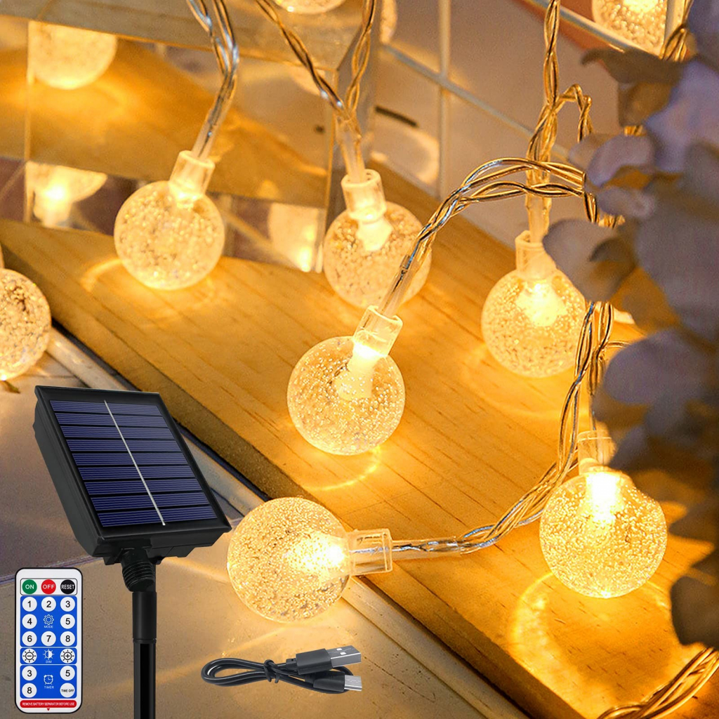 CEEDIR Solární světelný řetěz venkovní 10m 80LEDs světelná síť teplá bílá světelná řetězová síť s 8 světelnými režimy paměťová funkce & časovač & USB & transparentní světelná linka