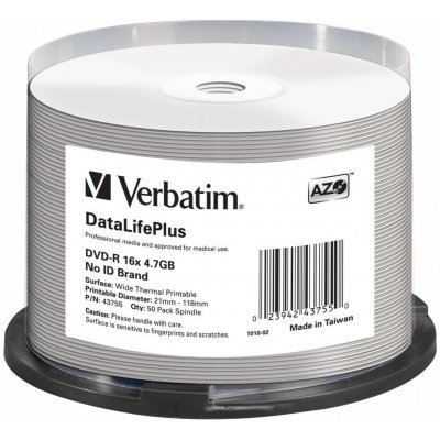 Verbatim DVD-R 4,7GB 16x, printable, spindle, 50ks (43755) – Hledejceny.cz