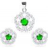 Šperky eshop set ze stříbra přívěsek a náušnice blýskavý květ se zeleným středem R29.5