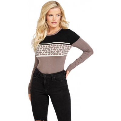 Guess dámský svetr Mayla Color-Block Logo Sweater tmavě hnědý – Zboží Mobilmania