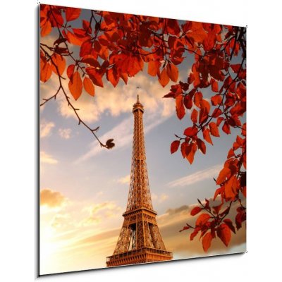 Skleněný obraz 1D - 50 x 50 cm - Eiffel Tower with autumn leaves in Paris, France Eiffelova věž s podzimní listí v Paříži, Francie – Zboží Mobilmania