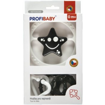 Profibaby Chrastítko hvězdička/kytička + kroužky černobílé plast v krabičce 12,5x23x3cm