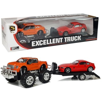 Lean Toys Sada vozidel Oranžový Monster Truck a Červený BMW na přívěsu 58 cm