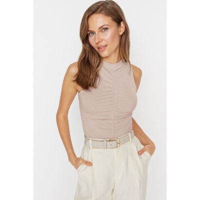 Trendyol Stone Shirring Detail pružné pletené tělo se zapínáním na druky krémové – Zboží Dáma