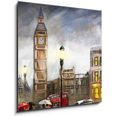 Skleněný obraz 1D - 50 x 50 cm - oil painting on canvas, street view of london. Artwork. Big ben. couple and red umbrella, bus and road, telephone. Black car - taxi. Eng – Zbozi.Blesk.cz