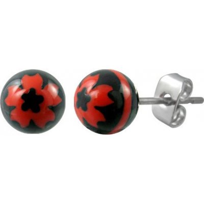 Šperky eshop ocelové náušnice černé kuličky znak červený květ M18.19