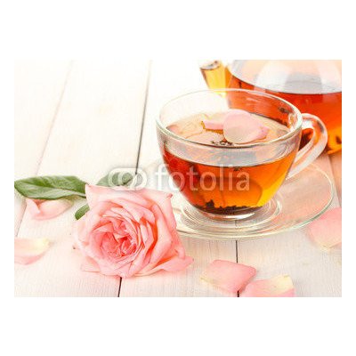 WEBLUX 45691138 Fototapeta plátno teapot and cup of tea with roses on white wooden table čajová konvice a šálek čaje s růží na bílém dřevěném stole rozměry 160 x 116 cm – Zbozi.Blesk.cz