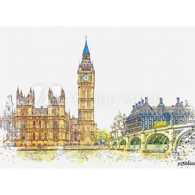 WEBLUX 250660877 Fototapeta vliesová Watercolor sketch or illustration of a beautiful view of the Big Ben and the Houses of Parliament in London in the UK Akvarel skica rozměry 100 x 73 cm – Zboží Mobilmania