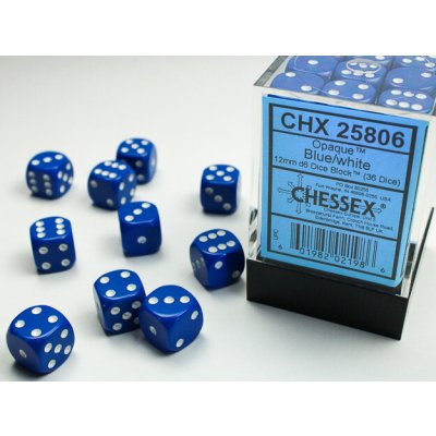 Sada 36 kostek 12mm D6 Blue / White Chessex Opaque – Hledejceny.cz