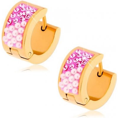Šperky eshop náušnice zlaté barvy, růžové zirkony perleťově bílé kuličky S75.06