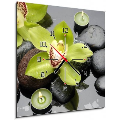 Obraz s hodinami 1D - 50 x 50 cm - therapy stones and orchid flower with water drops léčivé kameny a orchidejové květiny s vodními kapkami – Zboží Mobilmania