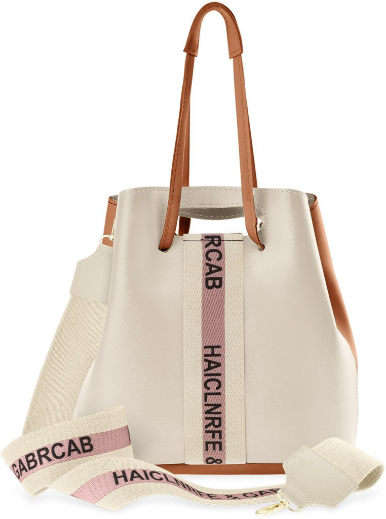 Dámská khaki kabelka dvoubarevná módní taška měšec shopper s prošitím a nápisem hnědá-béžová