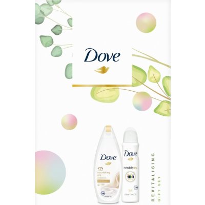 Dove Nnourishing Revitalizing Silk sprchový gel 250 ml + Invisible Dry Clean Touch antiperspirant sprej 150 ml dárková sada – Zbozi.Blesk.cz