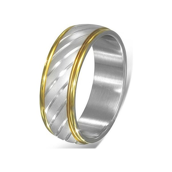 Šperky eshop Dvoubarevný ocelový prsten šikmé stříbrné zářezy a zlatý lem  E4.7 od 142 Kč - Heureka.cz