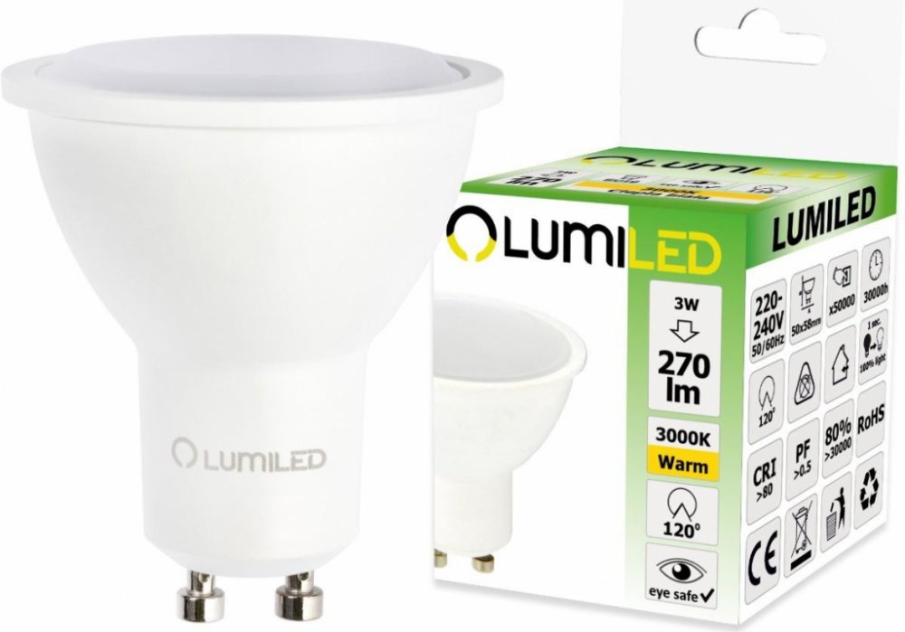 Lumiled LED žárovka LED GU10 3W 30W 270lm 3000K Teplá bílá 120° – Zboží Dáma